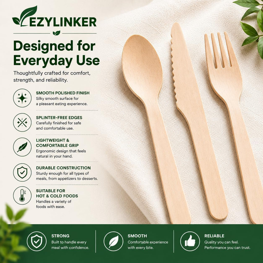 (150 Pcs) Special Edition Compostable Cutlery Set - Disposable Wooden Cutlery Set - Alternative to Plastic, Eco