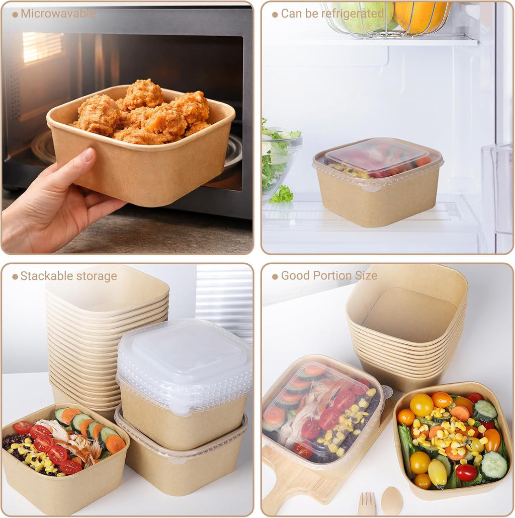 50 Sets 47 oz Disposable Kraft Paper Bowls with Lids - Square