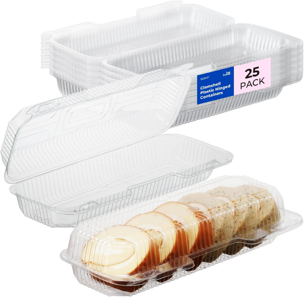 25 Pack 12" x 5" x 3" Clear Hinged Plastic Containers, Clamshell Take Out Containers, Bakery To Go Disposable Plastic