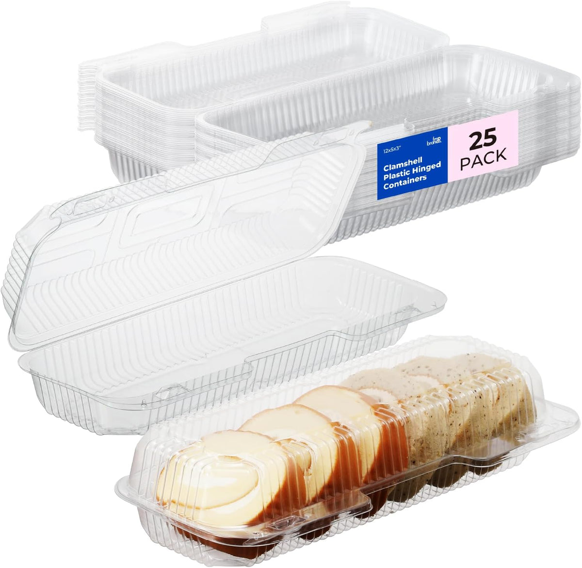 25 Pack 12" x 5" x 3" Clear Hinged Plastic Containers, Clamshell Take Out Containers, Bakery To Go Disposable Plastic