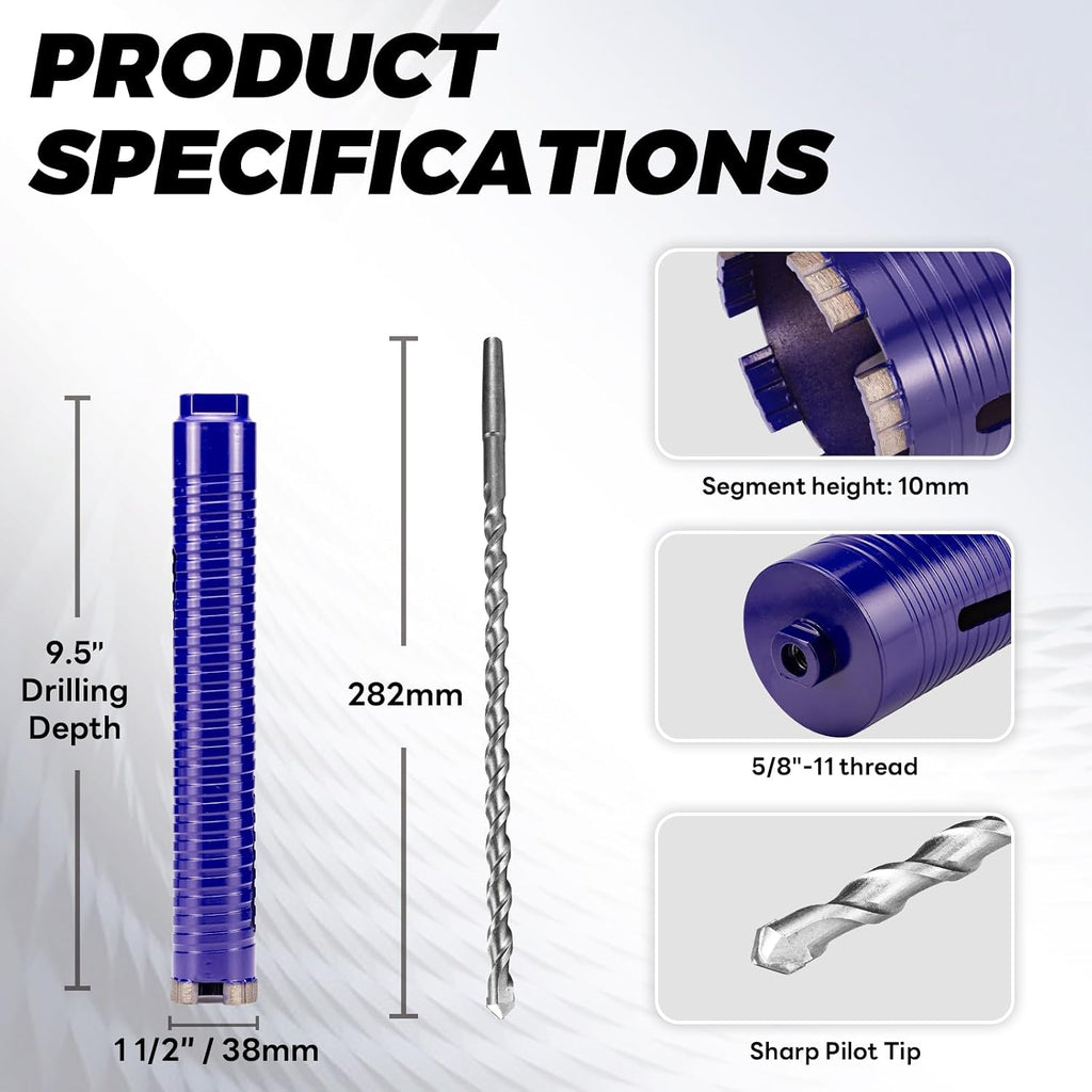 1-1/2" Core Drill Bit with Pilot Bit & Adapters(SDS Plus and 1/2" Hex), 5/8"-11 Thread, 9.5" Depth, Upgraded-Welded