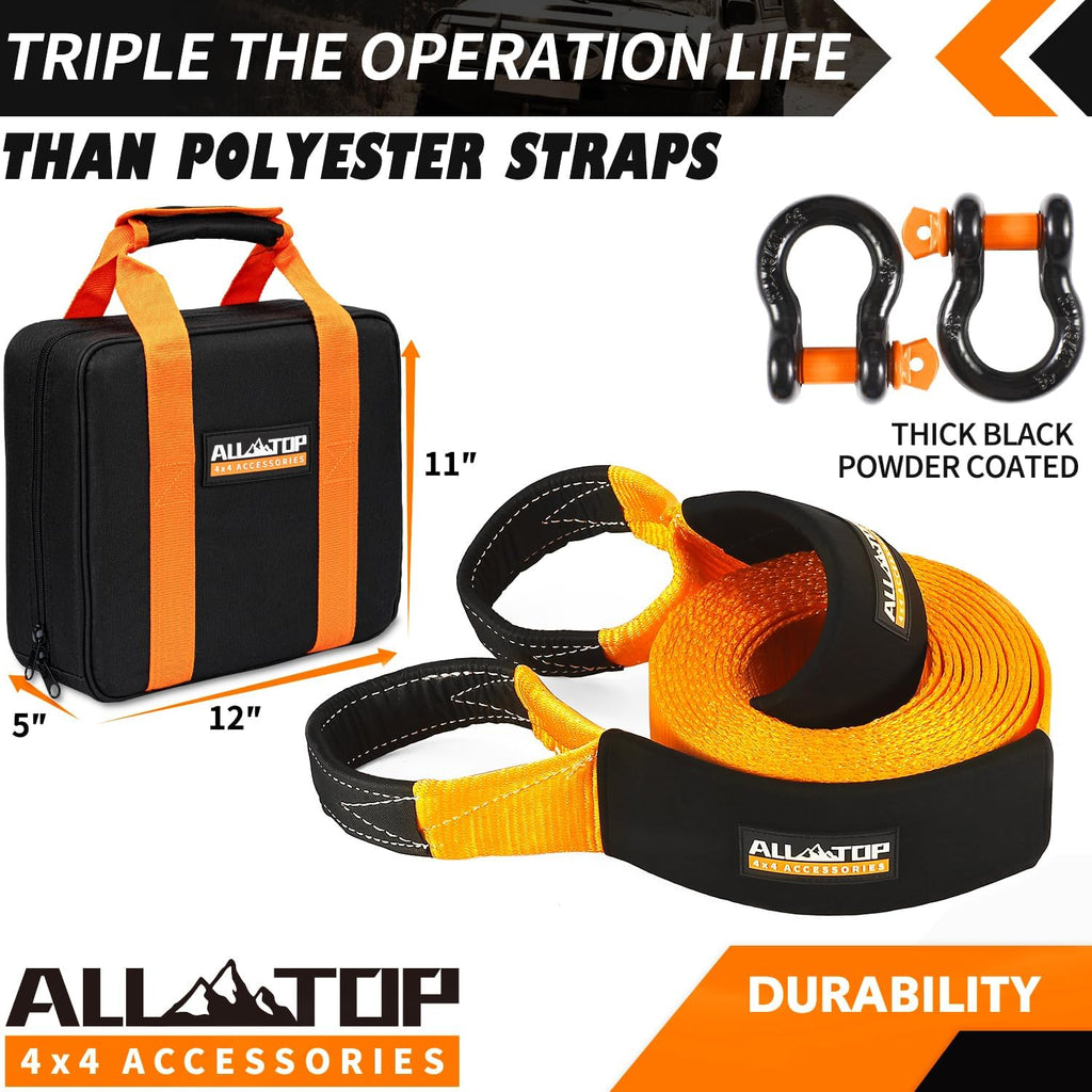 Extreme Duty Tow Strap Recovery Kit: 4inch x 30ft (46,500lbs) 100% Nylon and 22% Elongation Snatch Strap + 3/4 Heavy
