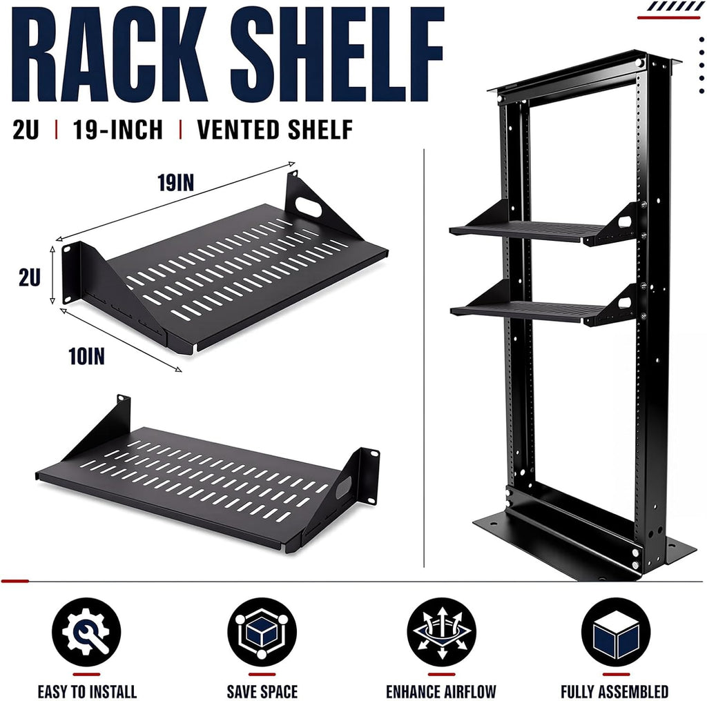 2U Cantilever Server Shelf Rack Mount 19 Inch 2 Piece Set Center Weighted Vented Tray for AV Data Network Equipment Enclosure, 110lb Capacity, 10 Inch Deep, Black(2U10InD)