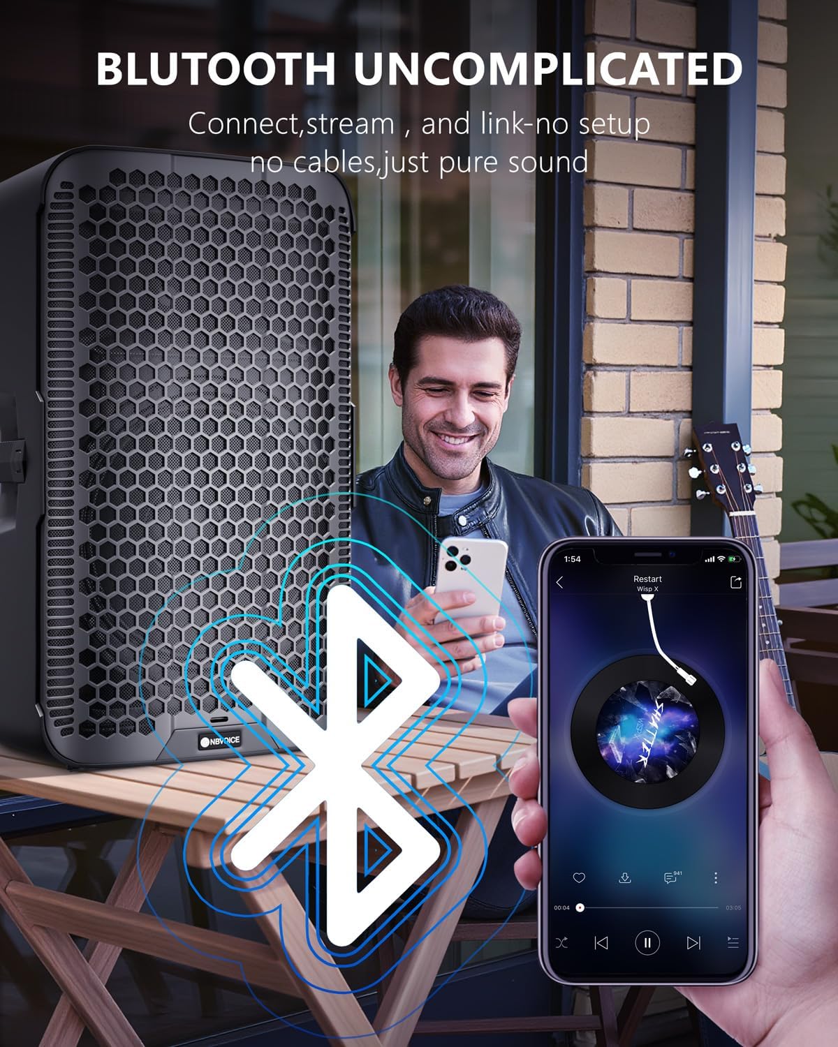 NBVDP115A 1800W Powered 15” PA Speaker with 2-Channel Mixer, Bluetooth Streaming & Wireless Stereo Linking