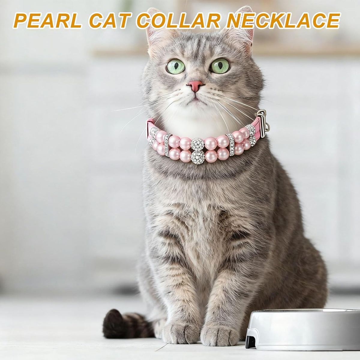 Pearl Dog Collar, Bling Pearl Cat Collar with Leash White, M