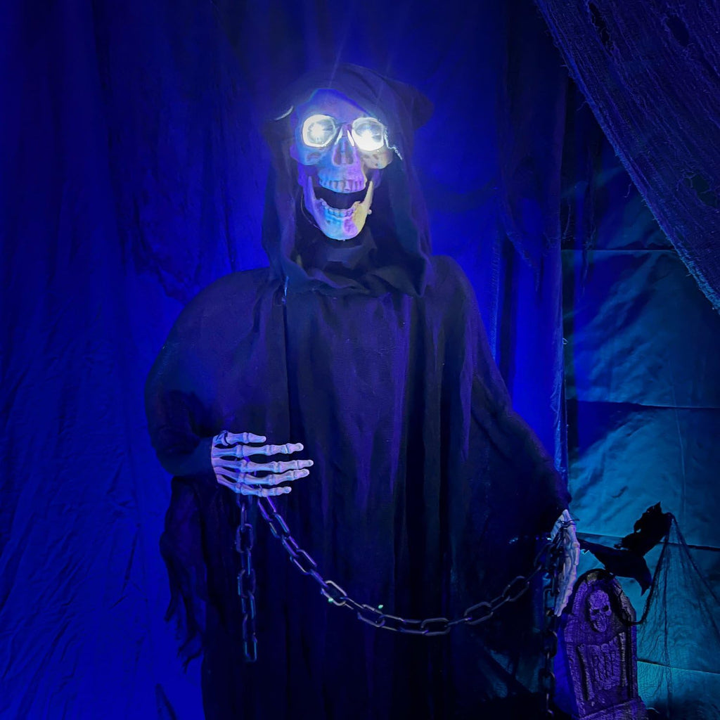 Life-Size Scary Grim Reaper with Chain, Halloween Animatronic with Touch Activated Lights and Sounds, Battery
