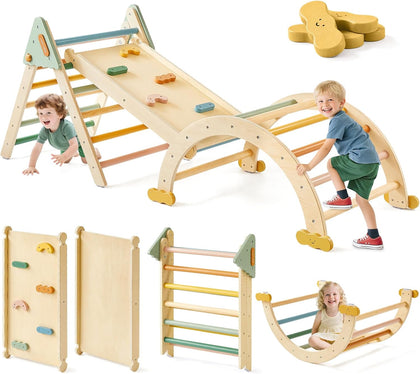 Pikler Triangle Set,7-in-1 Foldable Montessori Toddler Climbing Toys Indoor, Wooden Playground Jungle Gym for Kids