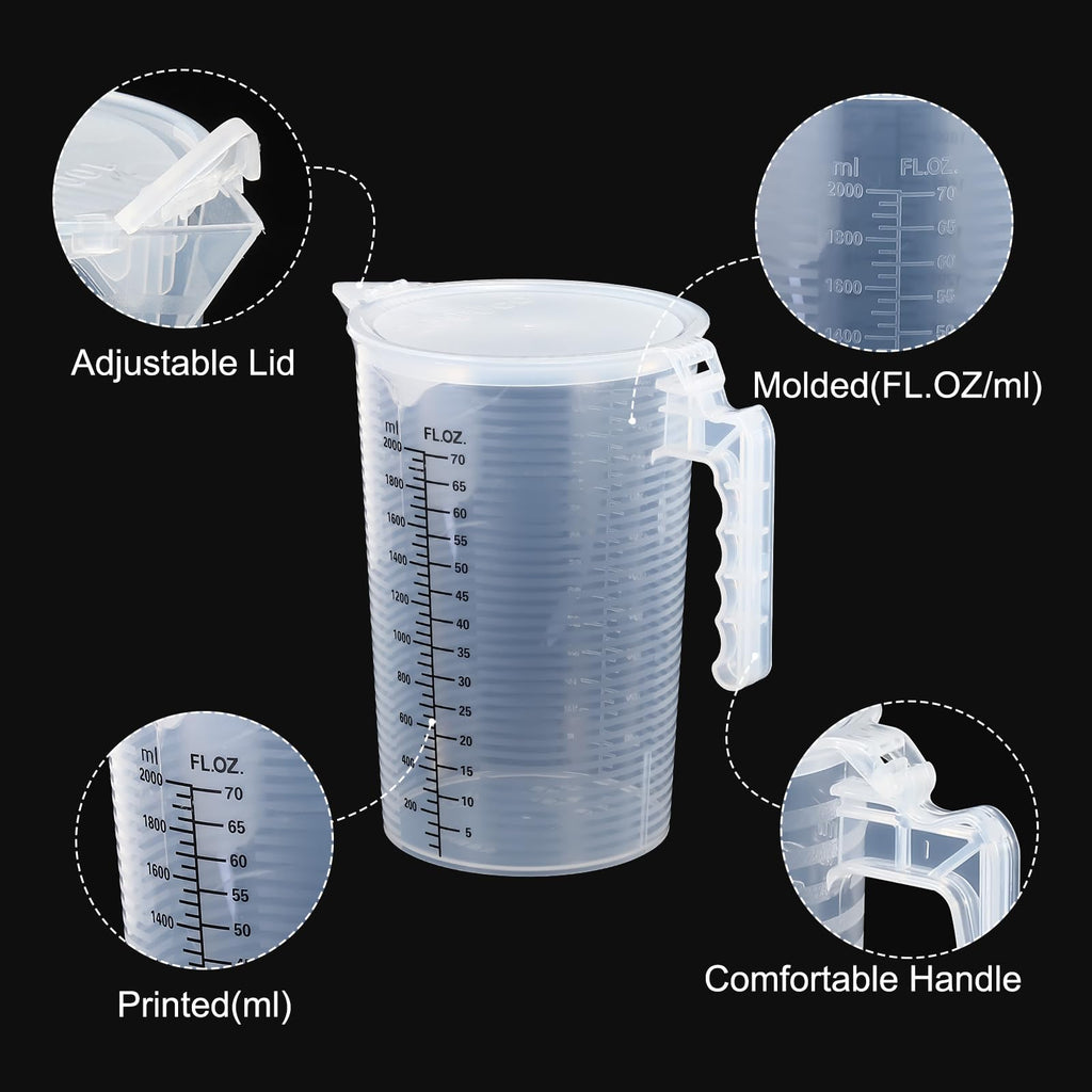 Graduated Beaker, 2000ml PP Plastic Liquid Measuring Cup Double Sided Black Graduations with Handle Lid and Spout for