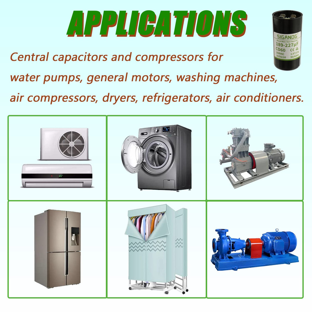 189-227 MFD 250VAC Round Start Capacitor 50/60 Hz AC