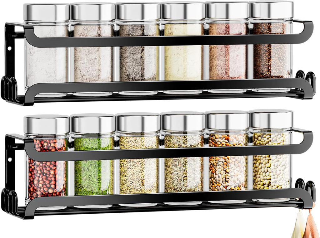 2 Pack Wall Mounted Spice Rack with 8 Hooks, Spice Organizer Shelf for Stove Cabinet Pantry Door,Screw or Adhesive