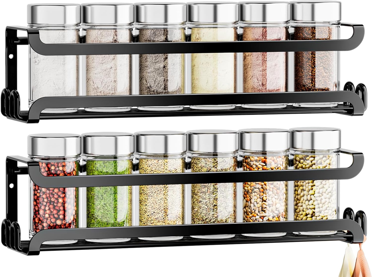 2 Pack Wall Mounted Spice Rack with 8 Hooks, Spice Organizer Shelf for Stove Cabinet Pantry Door,Screw or Adhesive