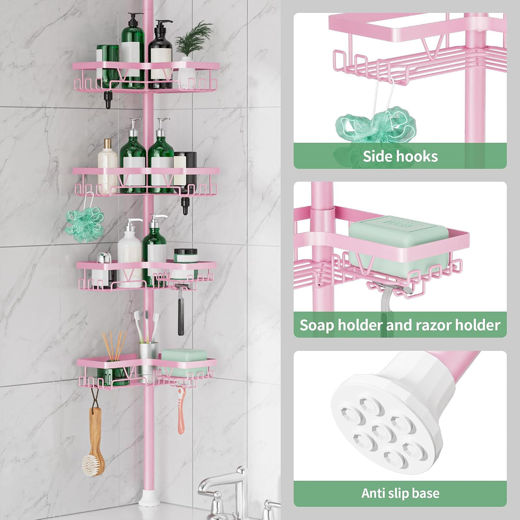 Corner Shower Caddy Tension Pole - Corner Shower Organizer Pink Cute | Bathroom Shower Shelf for Shampoo, 25–114 Inch