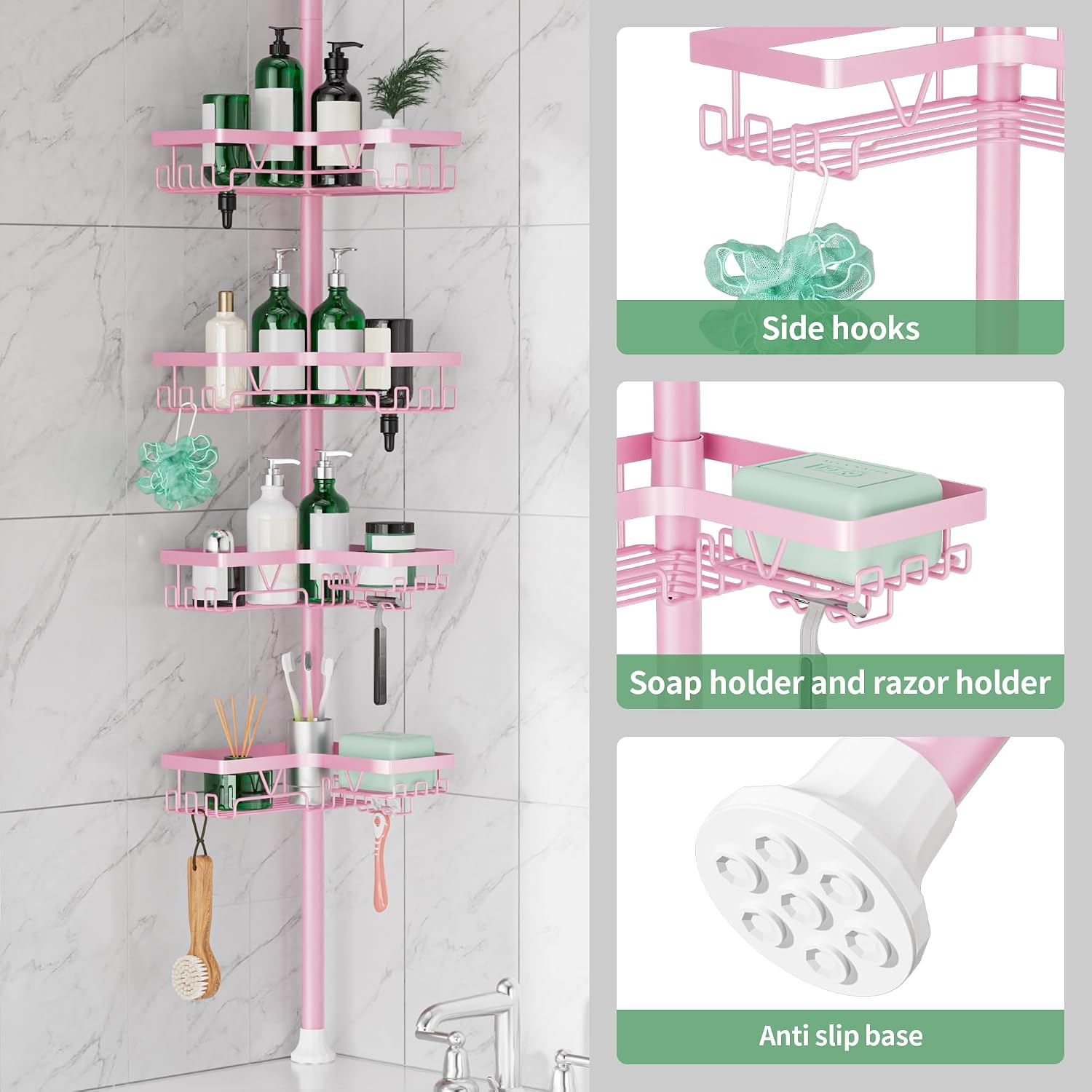 Corner Shower Caddy Tension Pole - Corner Shower Organizer Pink Cute | Bathroom Shower Shelf for Shampoo, 25–114 Inch