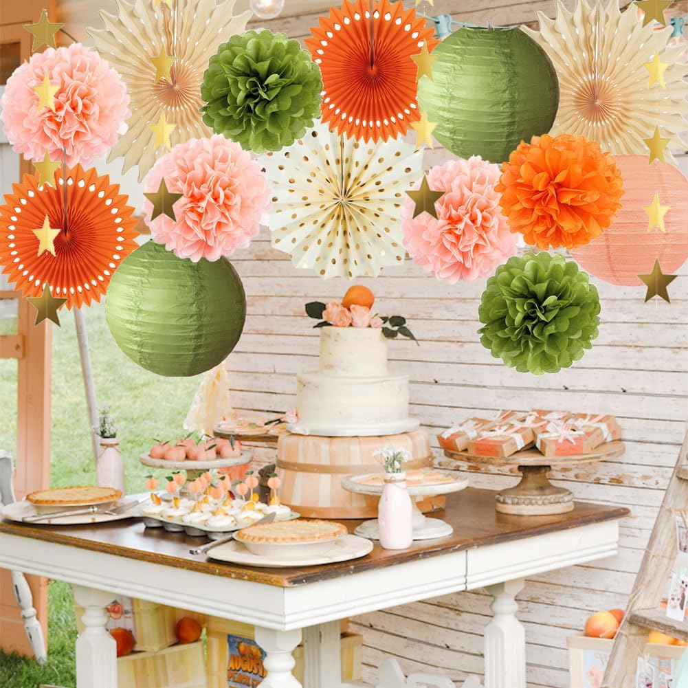 Olive Green and Orange Party Decorations Olive Birthday Party Decorations Peach and Orange Poms Lanterns Beige Fans