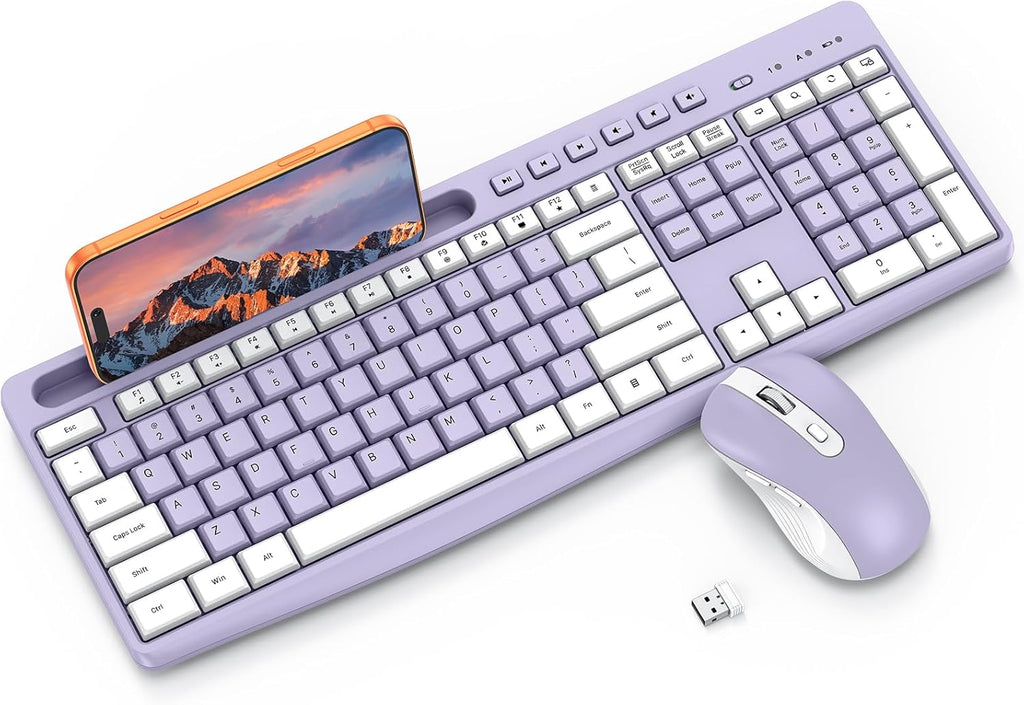 Purple Wireless Keyboard and Mouse Combo,2.4GHz USB Receiver | Built-in Phone Holder & Silent Typing for Home/Office