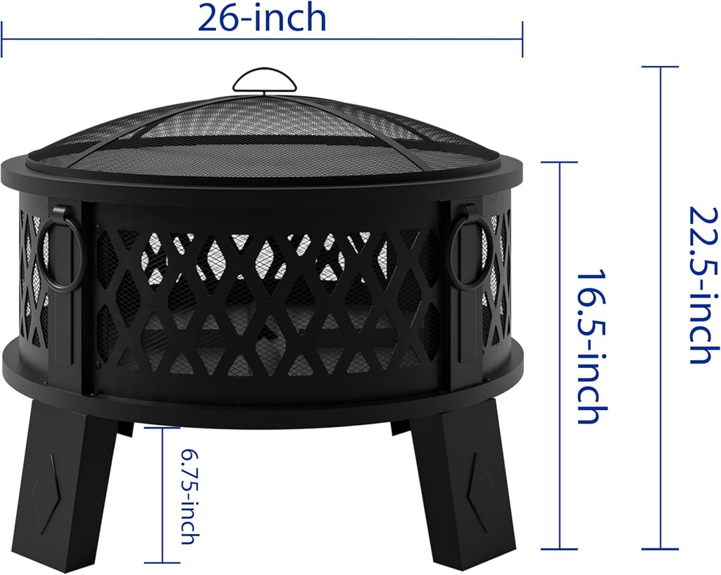 26" Steel Fire Pit with Grill & Diamond Mesh Design,360° Airflow Tech for 80% Less Smoke,XL Flames,Heavy-Duty