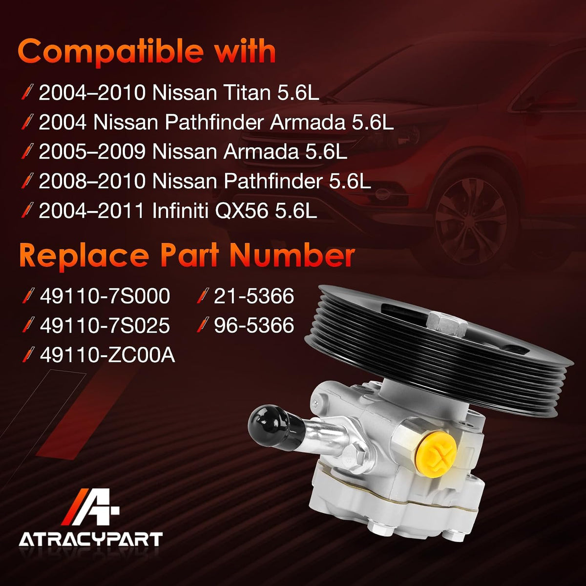 Power Steering Pump with Pulley, Compatible with 2004-2011 Nissan Titan/Armada/Pathfinder and Infiniti QX56, Only Fits 5.6L V8 engines, Replace #21-5366, 49110-7S000, 990-0741, 5898