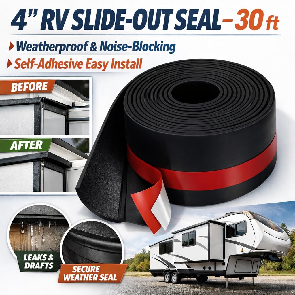 RV Slide Out Seal 4 Inch x 30 Ft, Adhesive Rubber Wiper Weather Stripping