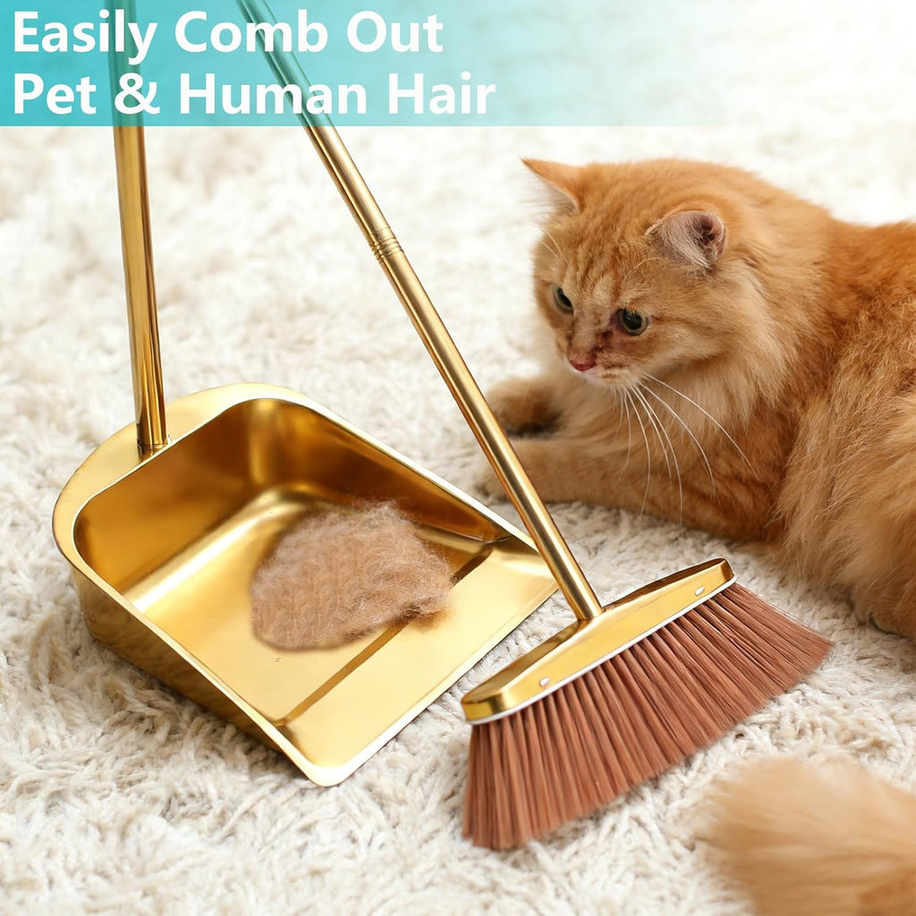 Gold Broom and Dustpan Set, Minimalist Upright Sweeper with Long Handle, Heavy Duty Stainless Steel Metal Dust Pan