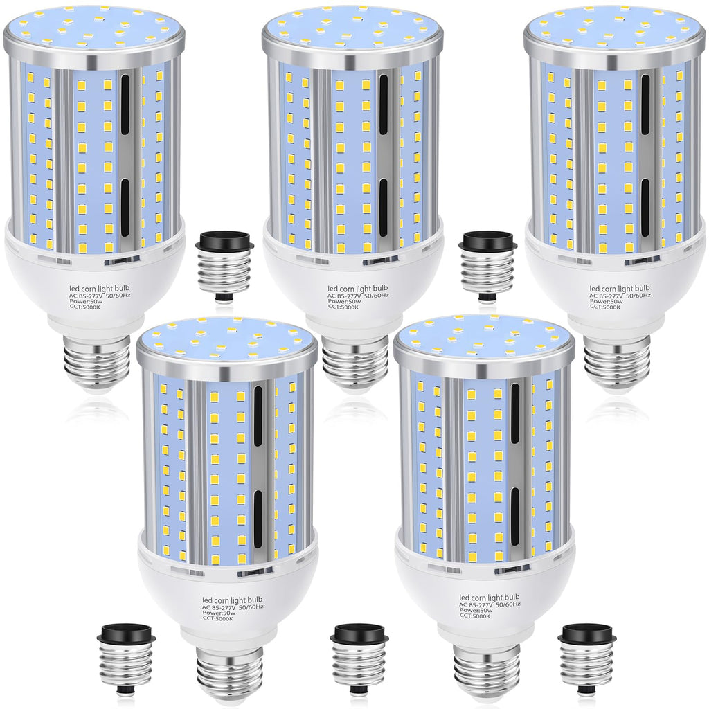 50W LED Corn Light Bulb(5 Pack),(490 Watt Equivalent) Fanless E26/E39 Medium/Large Mogul Base LED Cob Lamp 5000K
