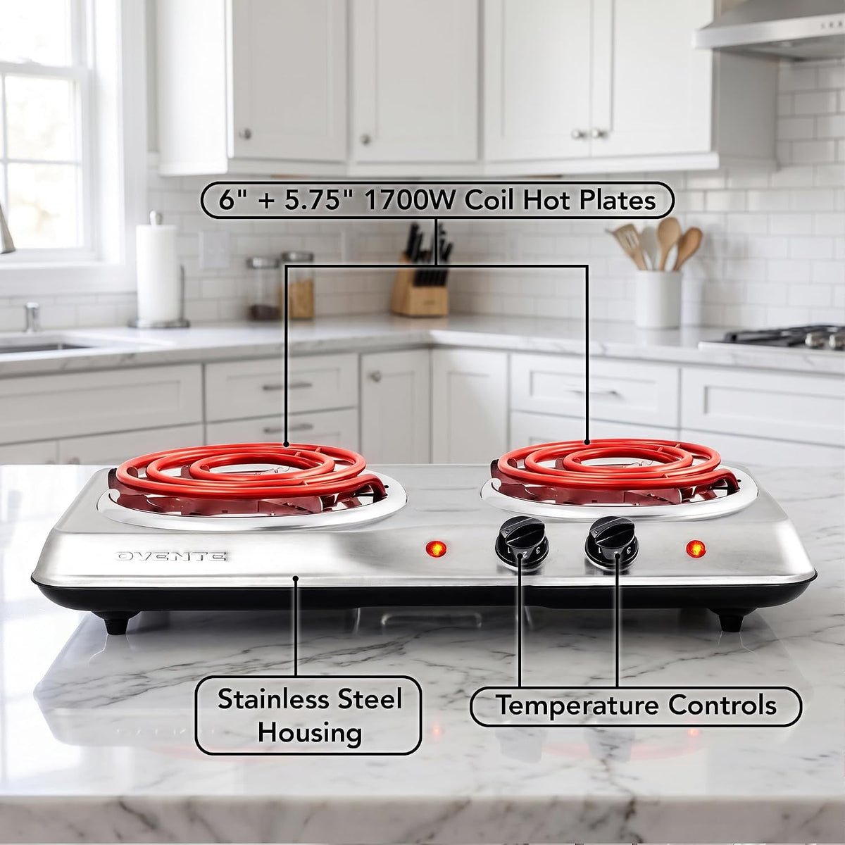 Electric Double Burner, 1700W Coil Hot Plate, Silver BGC102S