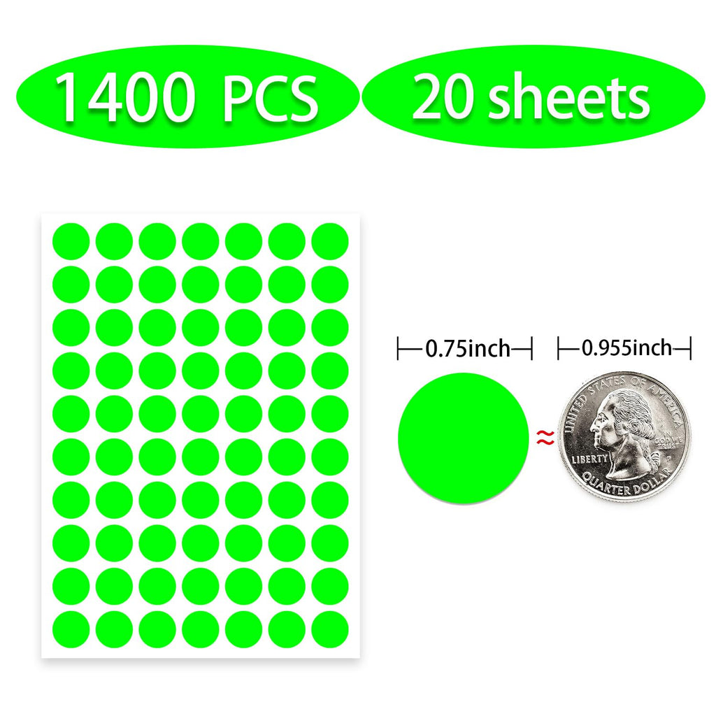 Dot Stickers - 3/4 Inch Fluorescent Green Circle Labels, 1400pcs Self-Adhesive Writable Color Coding Round Stickers