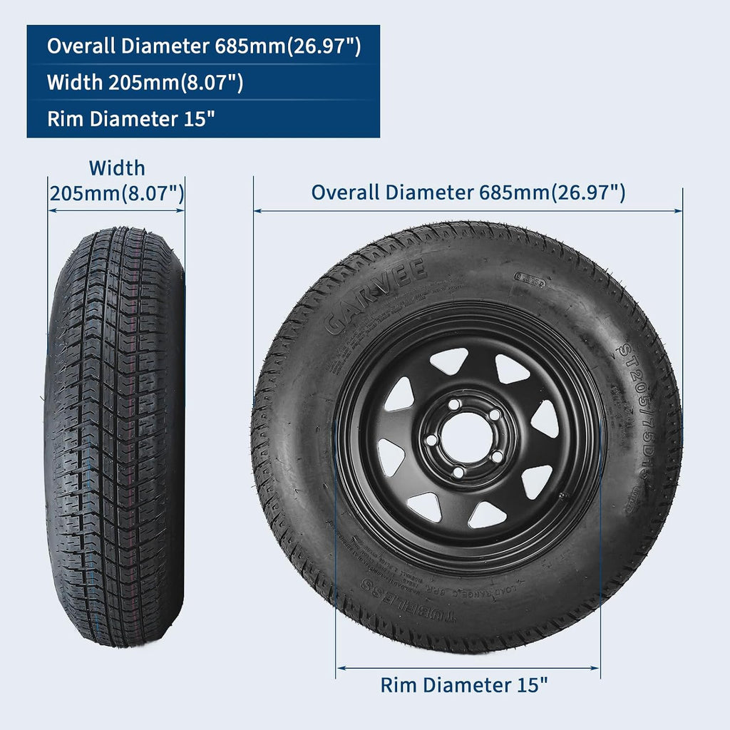 2-Pack Trailer Tire On Rim ST205/75D15 Trailer Tires and Wheels 5 Lug on 4.5 in PCD Trailer Tires with 15 in Rims