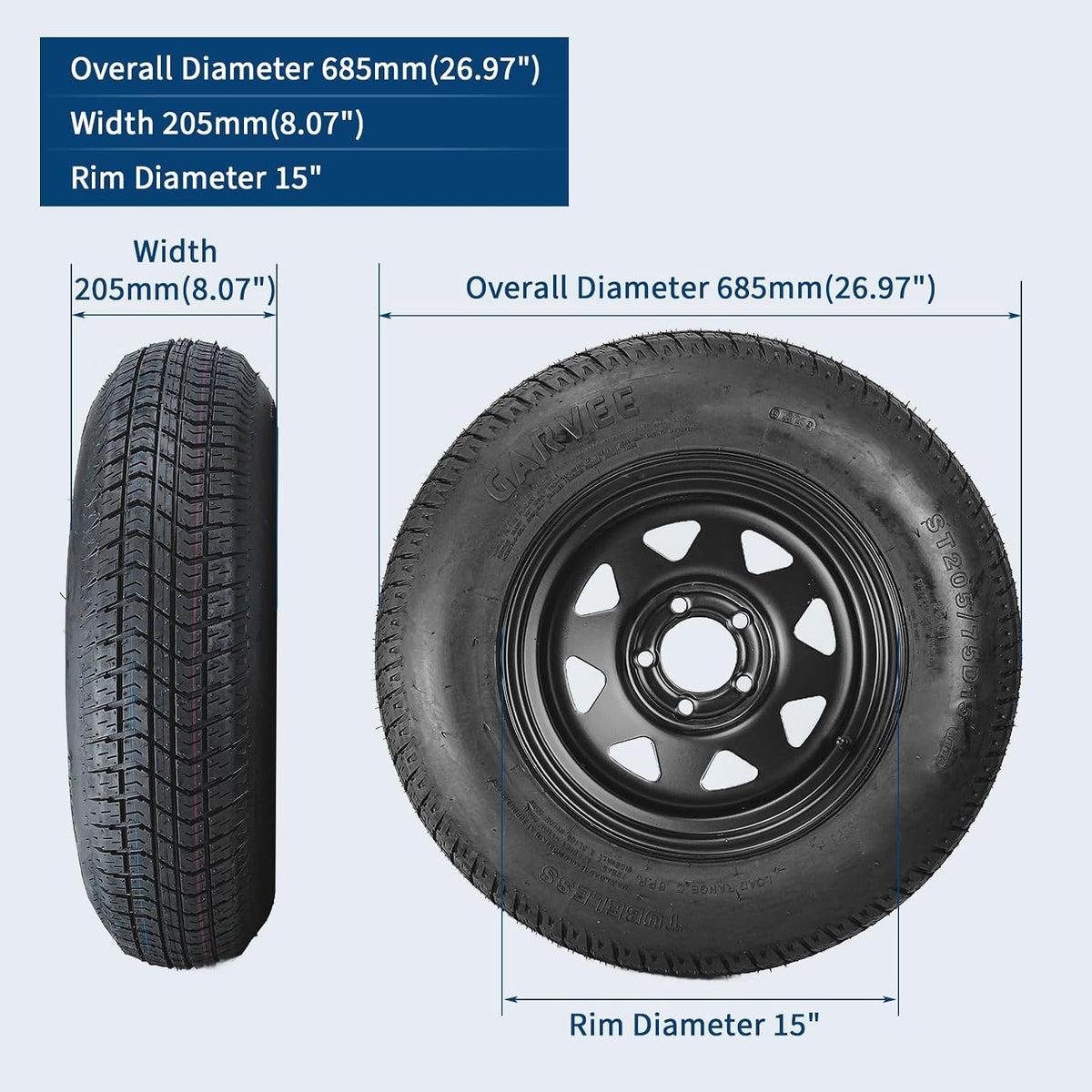 2-Pack Trailer Tire On Rim ST205/75D15 Trailer Tires and Wheels 5 Lug on 4.5 in PCD Trailer Tires with 15 in Rims