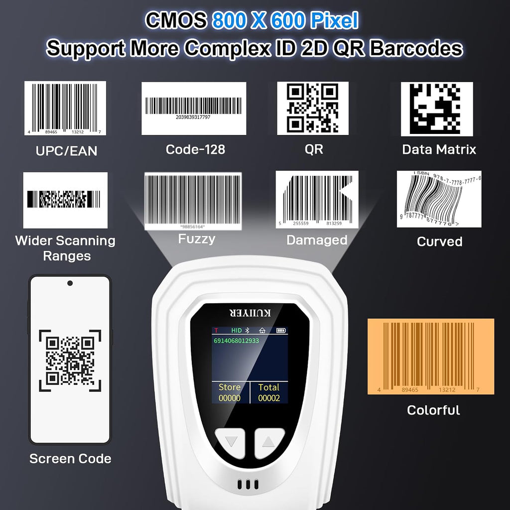 1D QR 2D Barcode Scanner, Bluetooth Wireless Bar Code Reader | Setting Keypad & LCD Screen Display & AI Voice