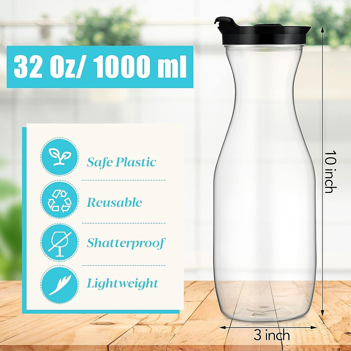 24 Pcs Plastic Water Carafe with Lid 32 Oz Clear,White, Black Cap