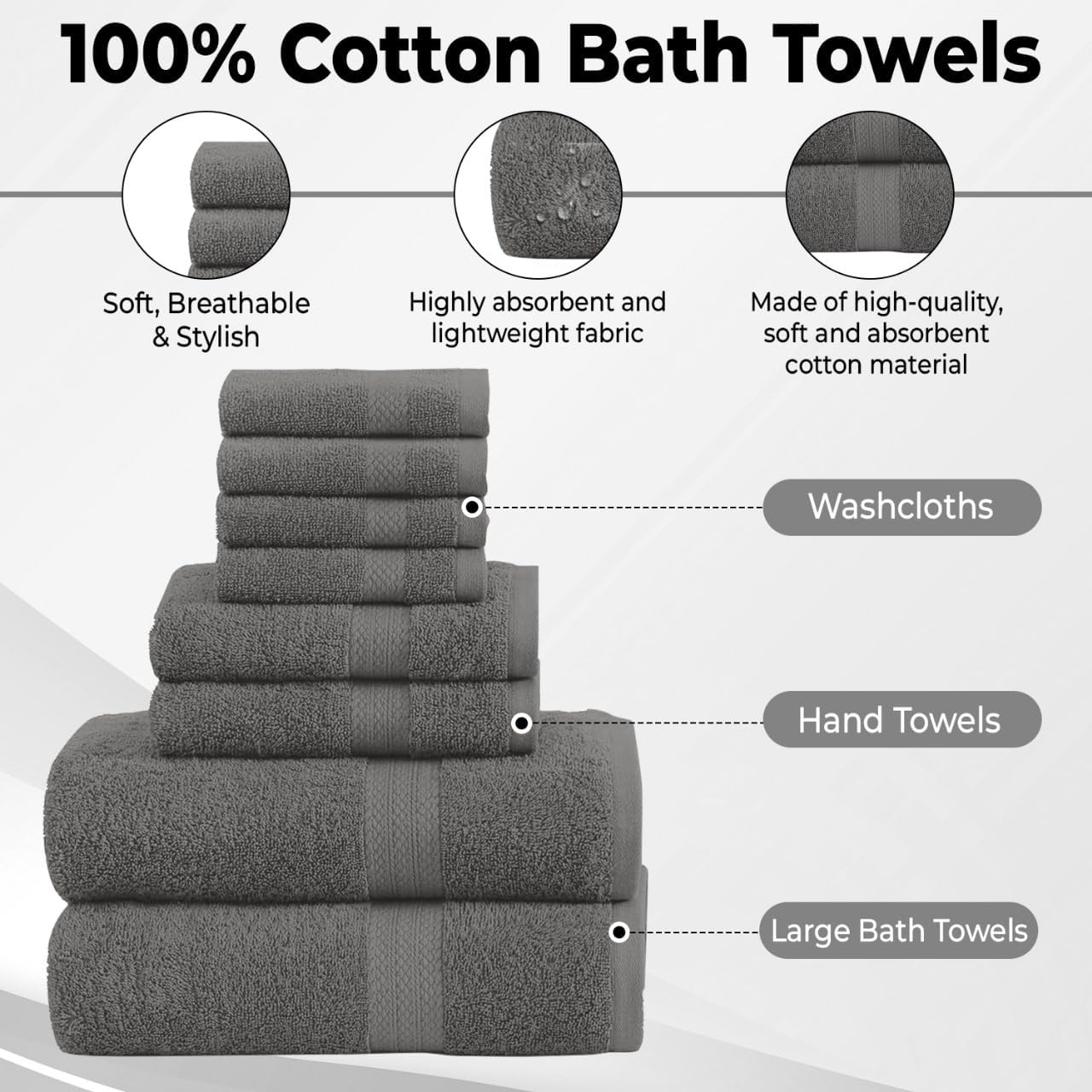 Pack of 8 Towels Set, 2 Large Bath Towels, 2 Hand Towels, 4 Wash Cloths, 100% Cotton, Lighter Weight, Quicker to Dry