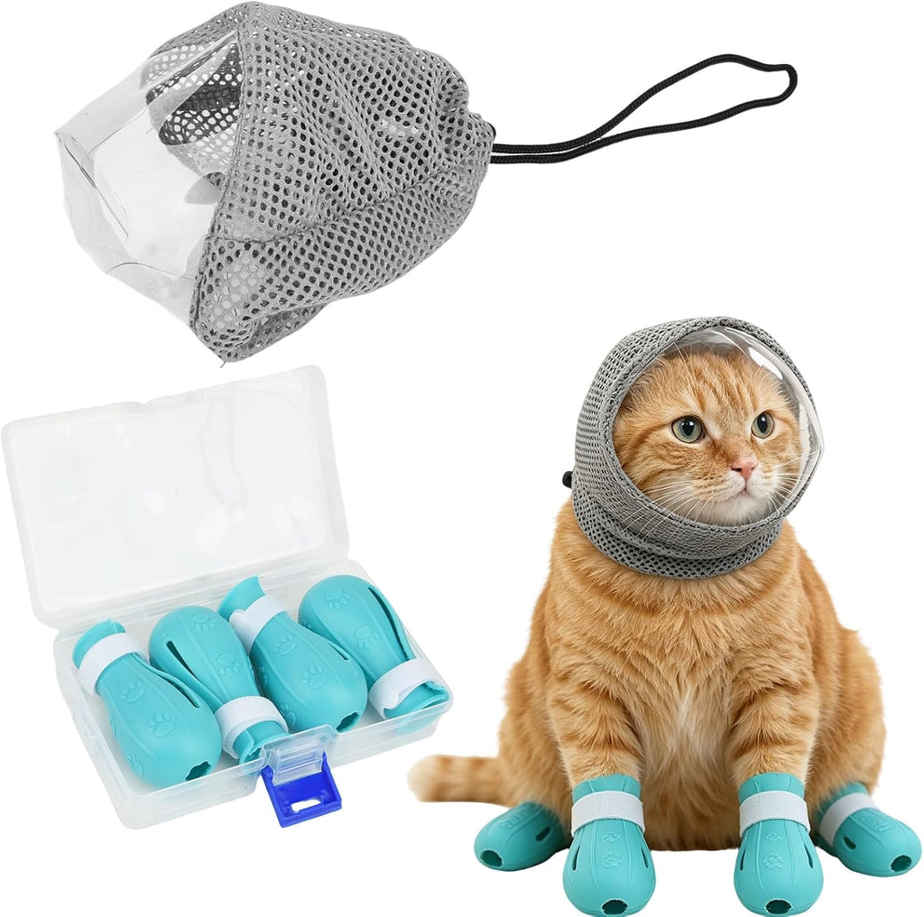 Adjustable Cat Muzzle, Breathable TPU + 4 Anti-Scratch Gloves for Grooming