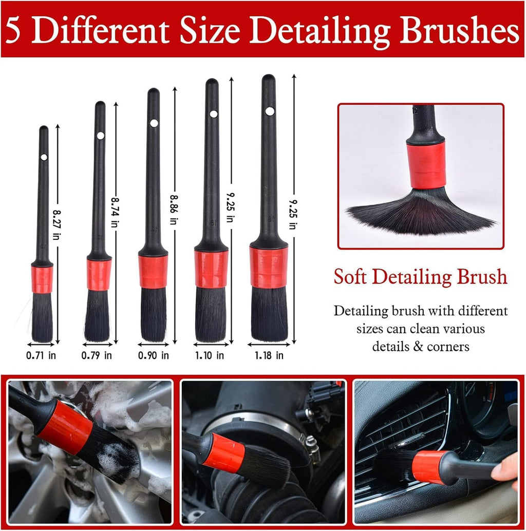 11Pcs Auto Detailing Set, Boar Hair Brushes, Steel Wire & A/C Brushes, Red, Soft Bristles, Wood Handles for Cleaning