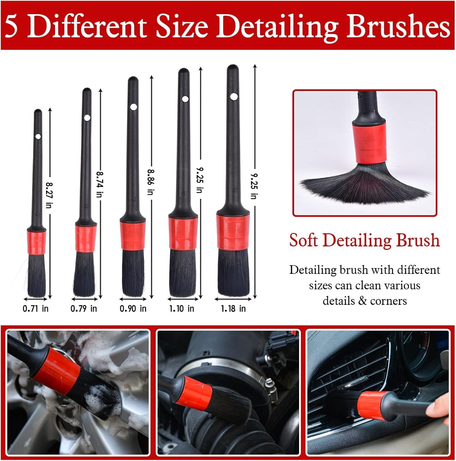 11Pcs Auto Detailing Set, Boar Hair Brushes, Steel Wire & A/C Brushes, Red, Soft Bristles, Wood Handles for Cleaning