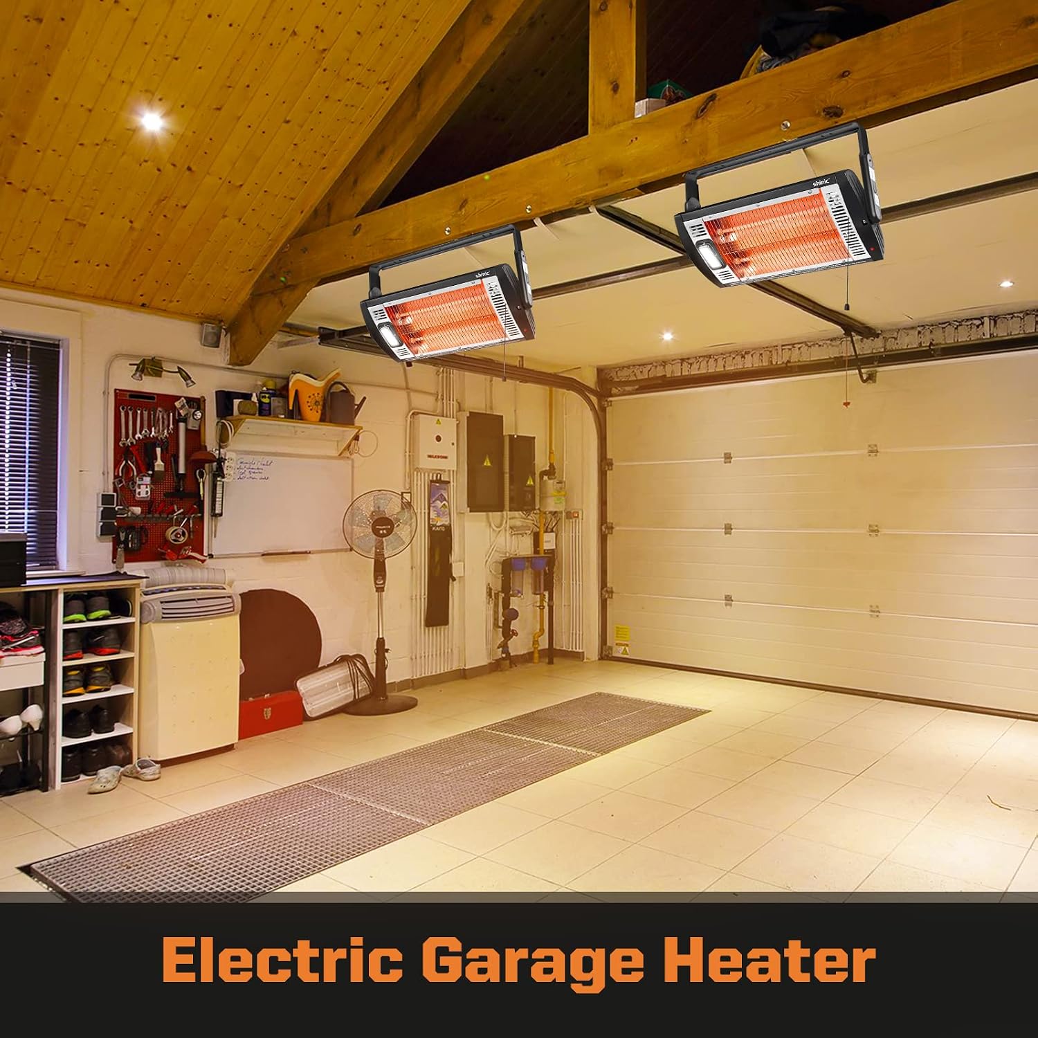 2 Packs Electric Garage Heaters, 1500W/750W Ceiling Mounted Heater Radiant Heaters with Halogen Light, 90 Degree