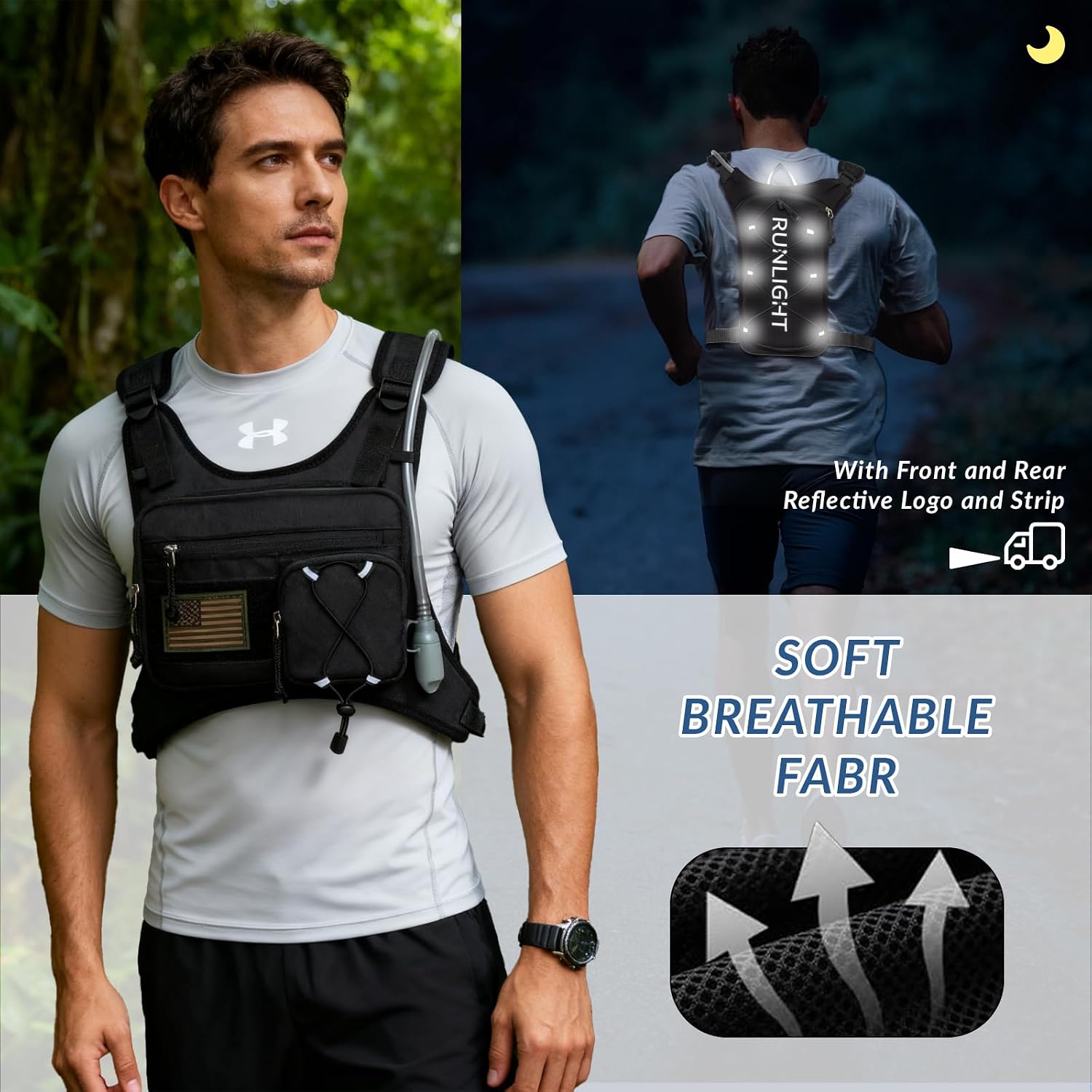 Running Vest,Lightweight Adjustable Chest Pack with Pistol Holster, Pack with 1.5L Water Bladder, Reflective Running