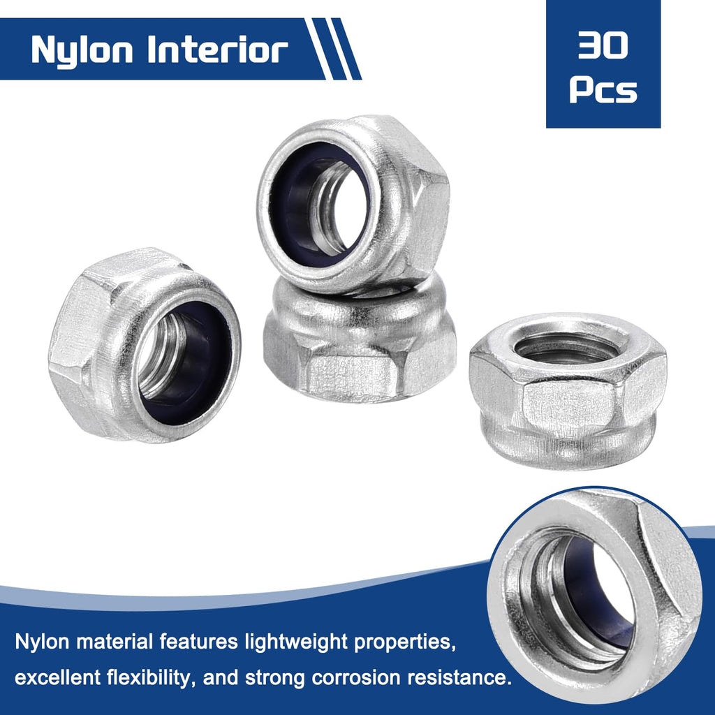 Kozelo 30Pcs M5-0.8 Nylon Locking Hex Nuts 304 StainlessSteel Silver
