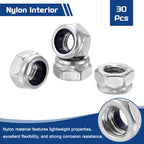 Kozelo 30Pcs M5-0.8 Nylon Locking Hex Nuts 304 StainlessSteel Silver
