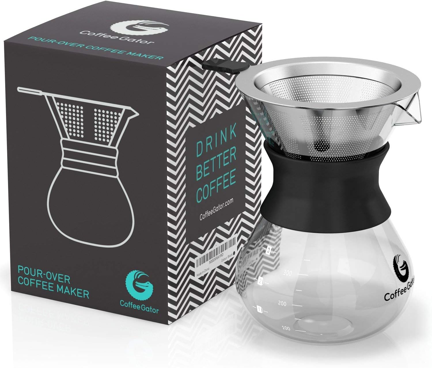 Pour Over Coffee Maker Portable - 10.5oz High Heat Borosilicate Glass w/Reusable Stainless Steel Filter, Drip Coffee