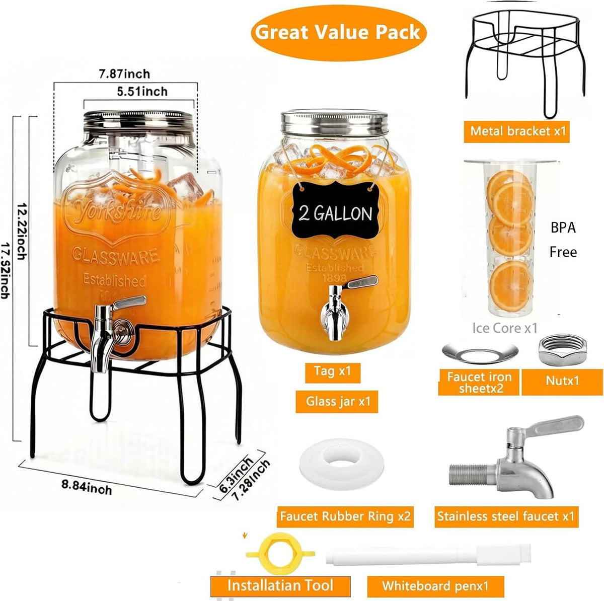 2 Gallon Glass Beverage/Drink Dispenser with Stand, Lid & Ice Core | Leakproof 18/8 Stainless Steel Spigot | Mason