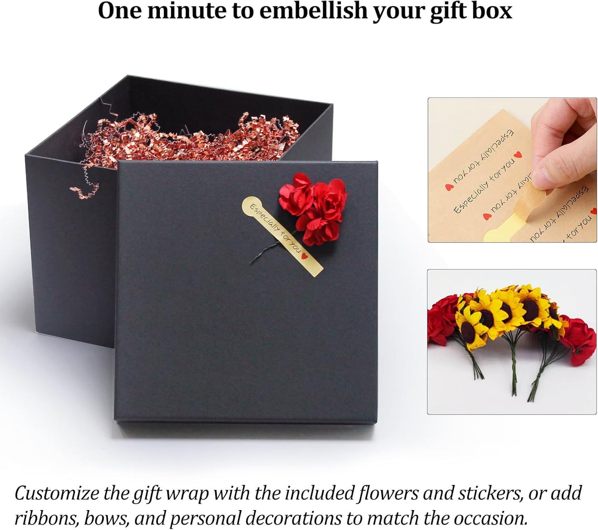 Black Gift Boxes for Presents -Nesting Set of 5 Square Gift Boxes with Lids in Assorted Sizes - Sturdy Gift Wrap