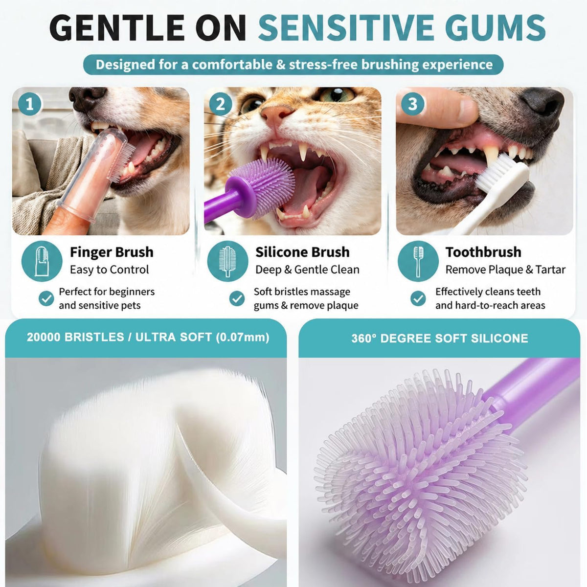 Dog Toothbrush, Finger Toothbrushes, 360 Degree Toothbrush, Triple Head Dog Toothbrushes, Double Head