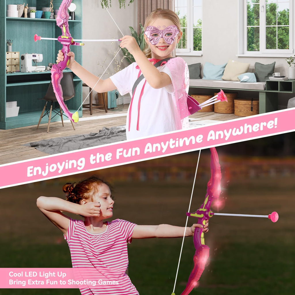 Bow and Arrow for Kids 3-8 Years Old | LED Light Up Archery Set with Princess Cape and Butterfly Mask, 10 Suction Cup