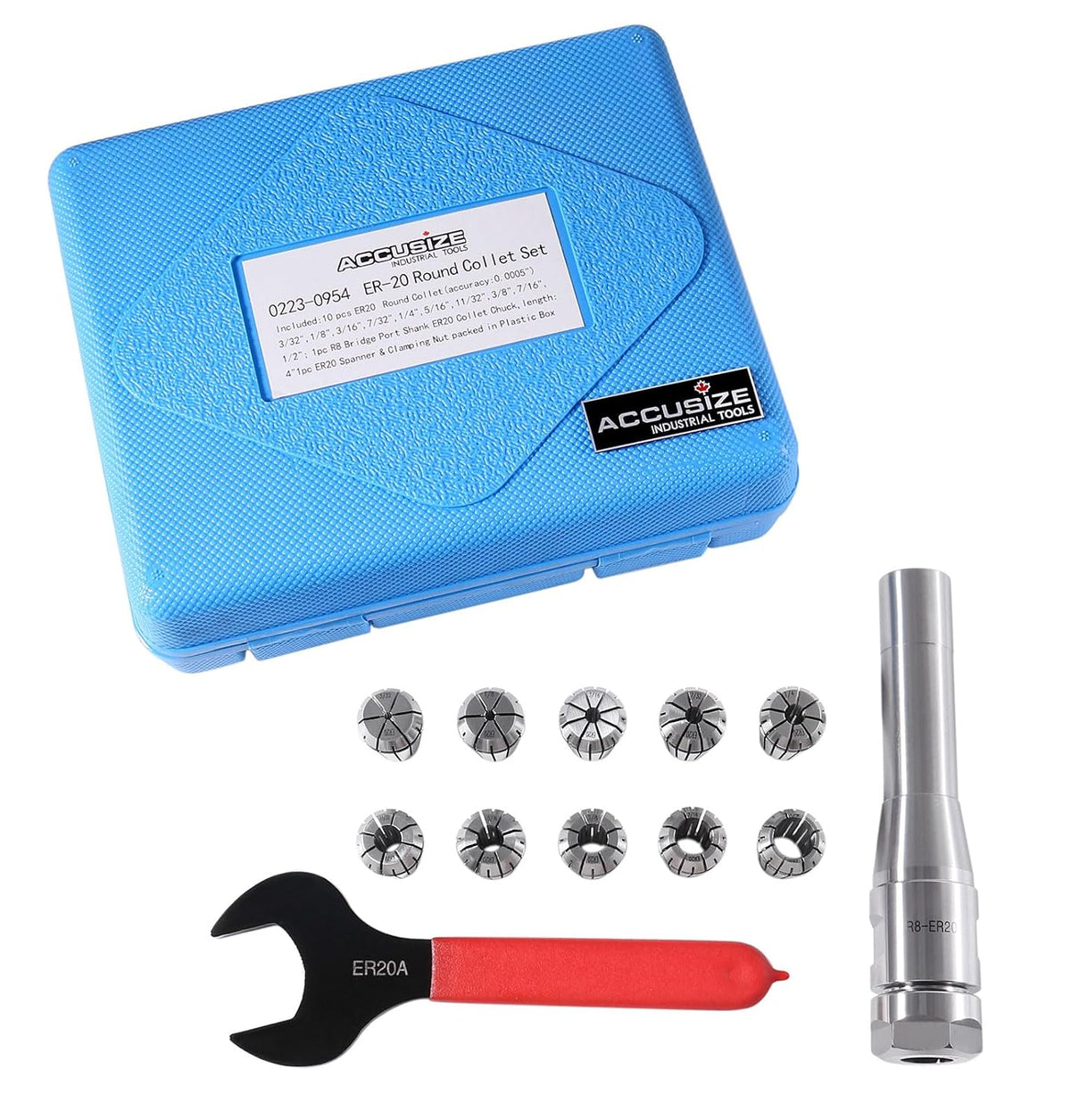 Accusize Industrial Tools 10 Pcs Er20 Collet R8 Bridgeport Shank Plus 1 Wrench in Fitted Case, 0223-0954
