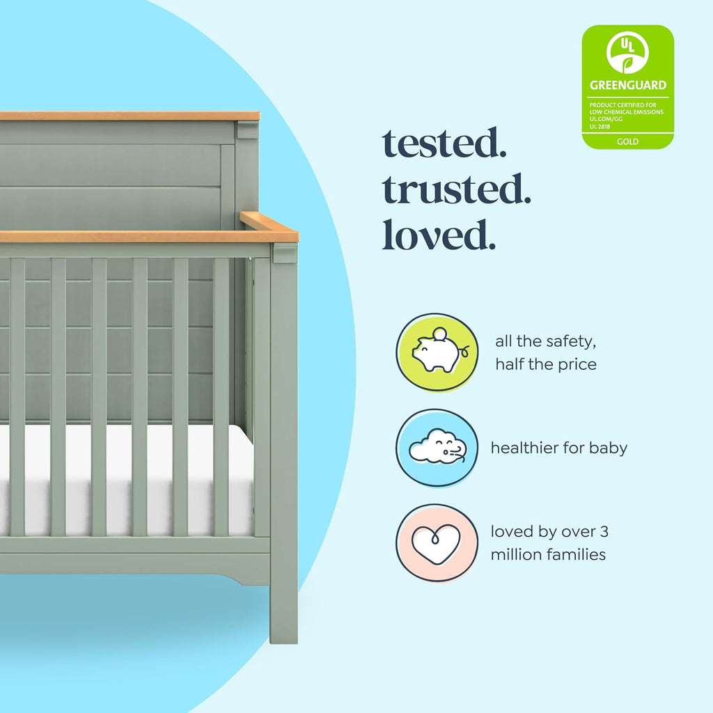 Shea 4-in-1 Convertible Crib in Light Sage and Honey, Greenguard Gold and FSC Certified