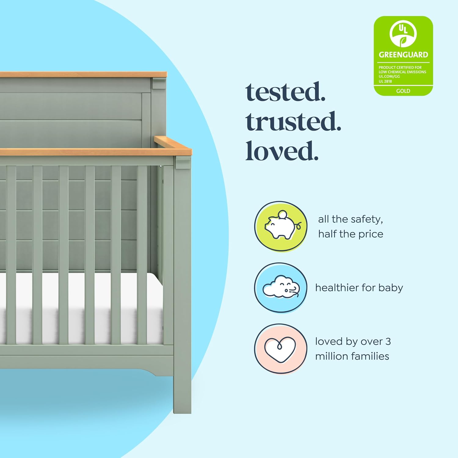Shea 4-in-1 Convertible Crib in Light Sage and Honey, Greenguard Gold and FSC Certified