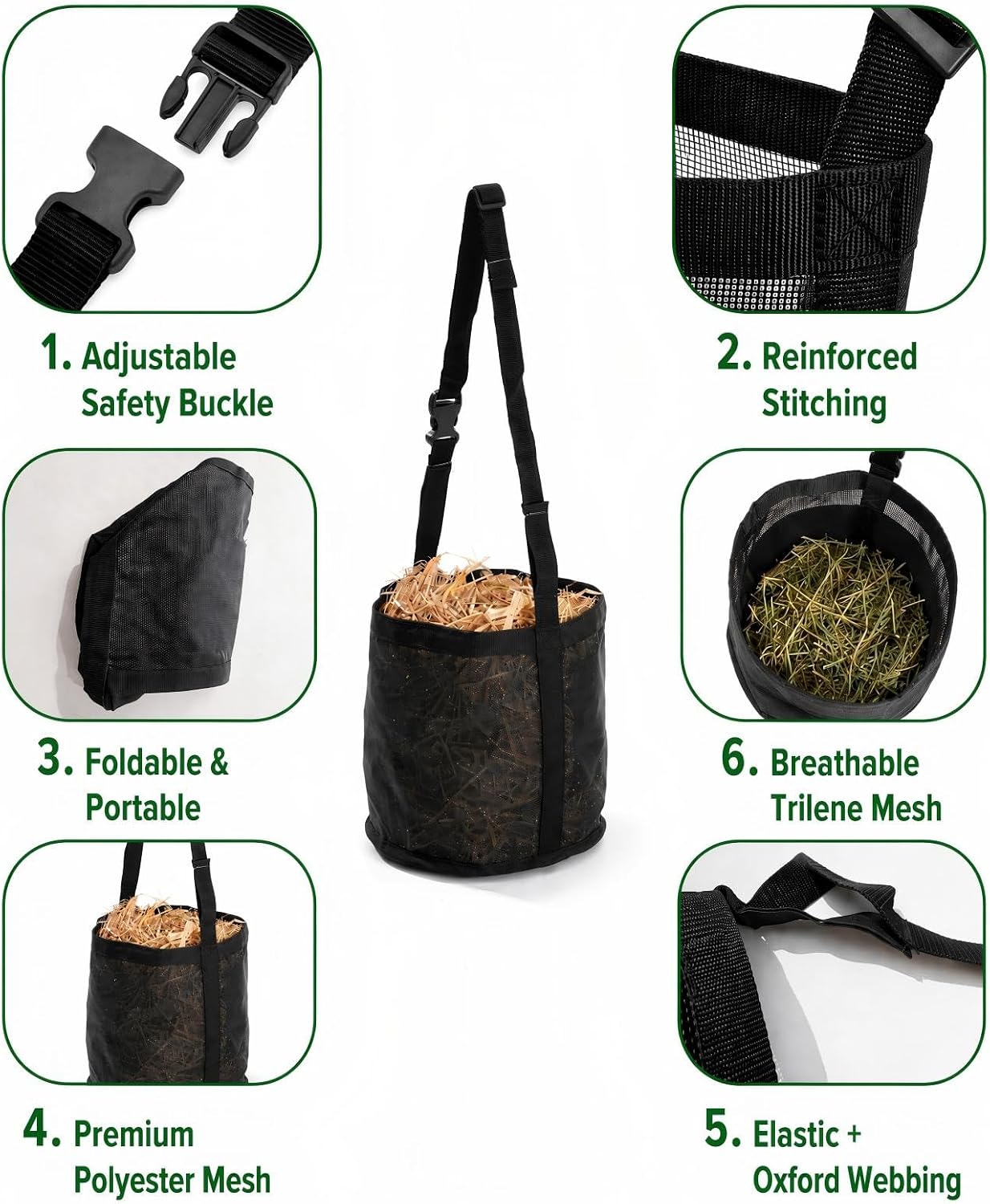 Mesh Horse Feed Bag – Portable Hay Bucket with Adjustable Strap, Durable & Breathable, Reduces Feed Waste for