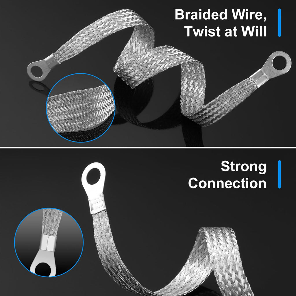 Kingdder 12 Pcs Ground Straps, 10/15/20 Inch with Ring Terminals, Silver