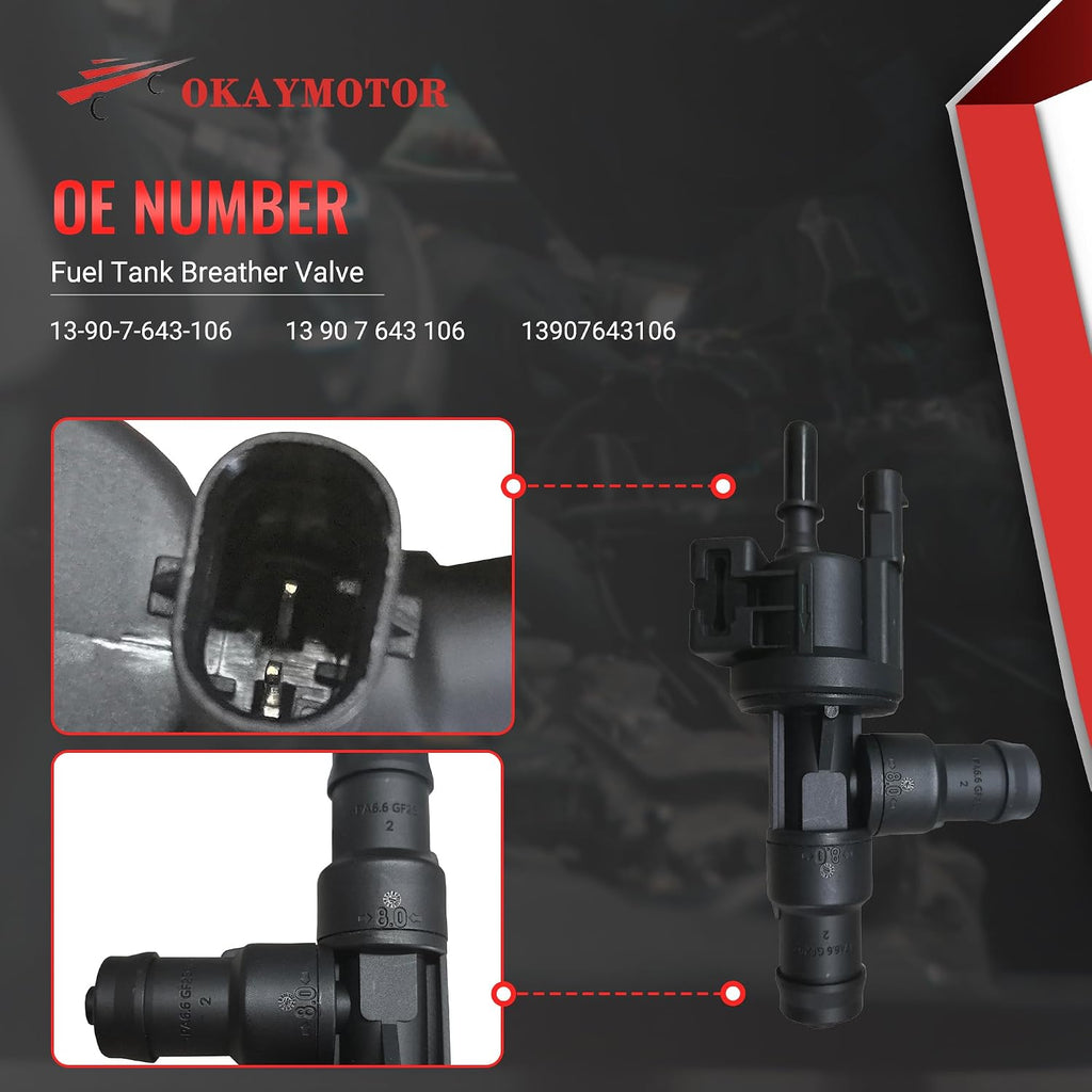 OKAY MOTOR 13907643106 Fuel Tank Vent Valve for 2016-2025 BMW 230i 320i 330i 430i 530e 540i 740i M2 M3 Z4 X5 X6 X7 2.0L 3.0L