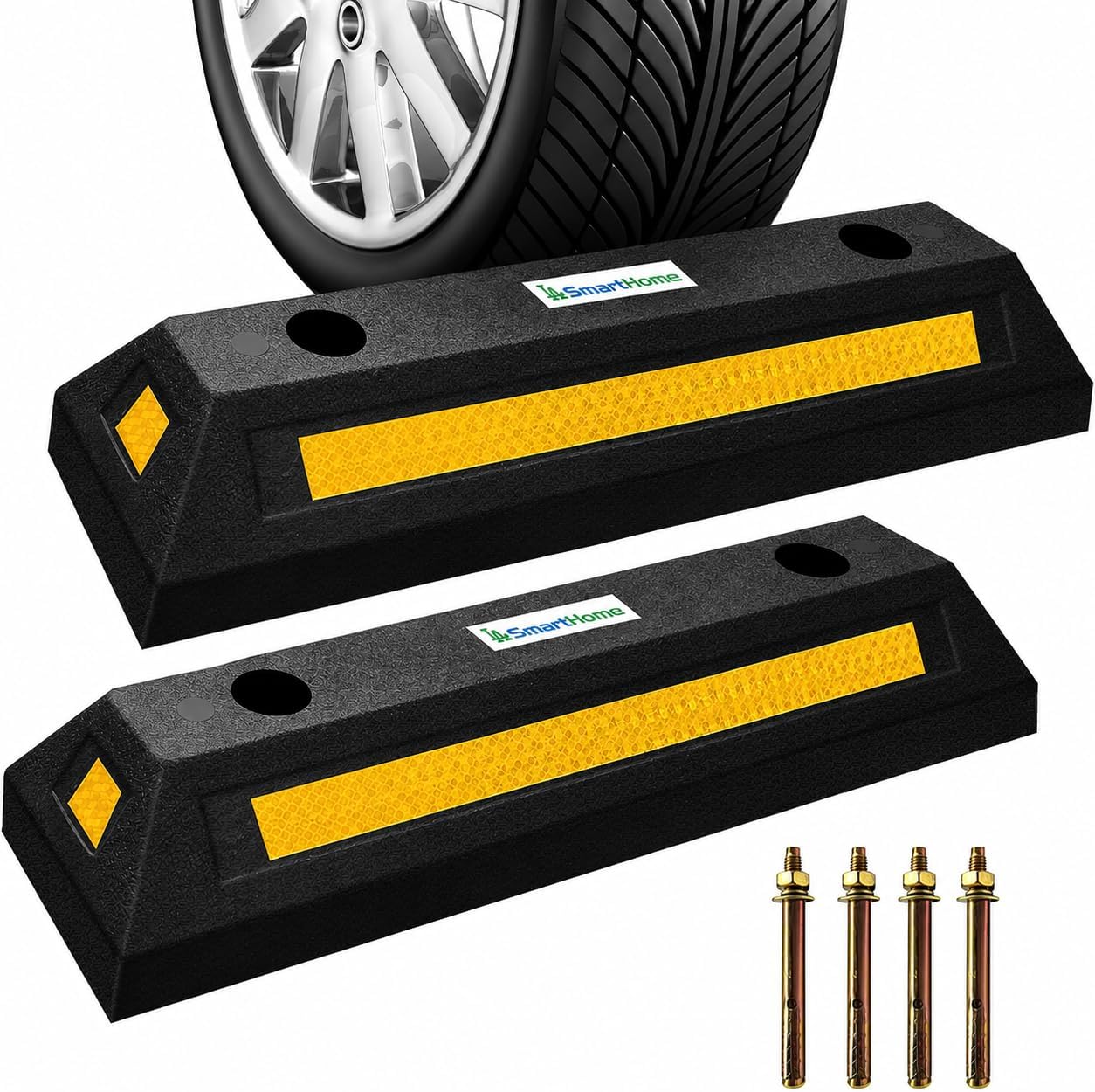 Car Stoppers for Garage, 2 Pack Heavy Duty Rubber Parking Stopper with Expansion Bolts, Reflective Garage Wheel Stop